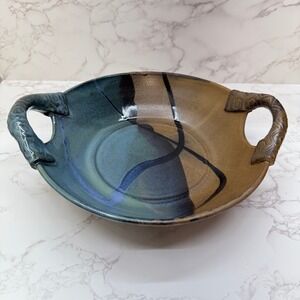 Handmade Ceramic Serving Bowl Handles Earth Tones Blue Brown Pottery Signed